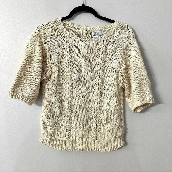 Windcrest Women's Short Sleeve Hand Knit Silk Blend Cream Sweater Size S GUC - Picture 2 of 8